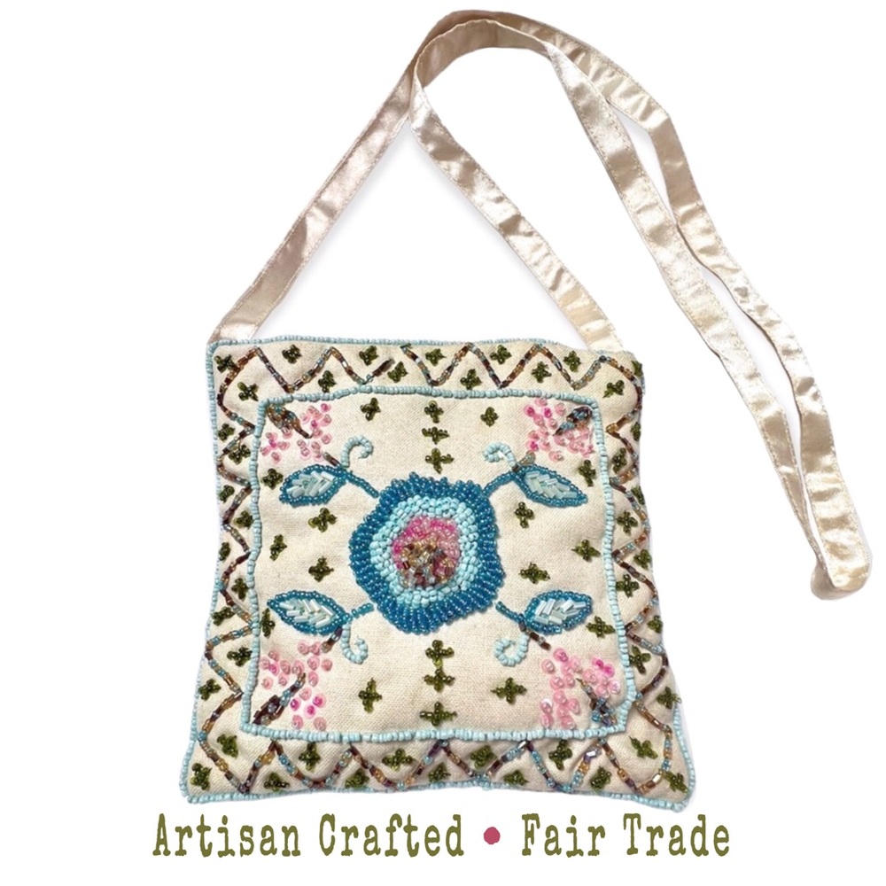 Beaded Canvas Crossbody Bag Handcrafted in India by Artisan Women Villagers NWOT